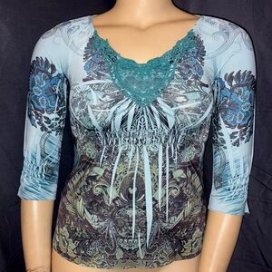 Apt. 9 Teal and Black Patterned Blouse